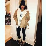 Ciara Styles In A Shearling Jacket, Dsquared2 ‘Icon’ Earmuff Ski Cap, And Chloé x Sorel Shearling Fur-Trim Weather Boots