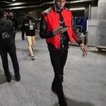 NBA Fashion: Andrew Wiggins Outfitted In A Saint Laurent Heaven Varsity Jacket, Amiri Mx1 Skinny-Fit Leather-Panelled Distressed Stretch-Denim Jeans & adidas Yeezy Boost 750 “Triple Black”