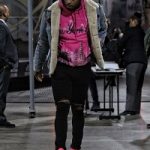 NBA Player P.J. Tucker Wears A Gucci Embroidered Denim Jacket With Shearling & Balenciaga Pink Oversized New York Hoodie