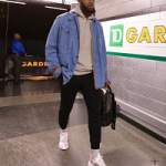 Memorial Day Weekend 2k18 Fashion: LeBron James Dressed In A Gucci Guccy Striped-Trim Denim Parka Jacket And Undercover Lab x Nike React Element 87 Sneakers