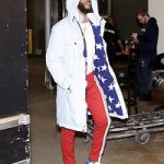 NBA Player Chris Paul Styles In A Pyer Moss “Stars” Sherpa Lined Parka, Valentino Pantalone Jogging Pants & Air Jordan 1 “Storm Blue” Sneakers