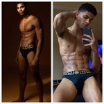 Models Joshua Terry And Jan Carlos Diaz Pose In A Pair Of Versace Greca Stretch Briefs