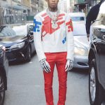 Nle Choppa Stepped Out In A Vanson Biker Jacket, Red Leather Pants And Nike Air Force One Low Sneakers