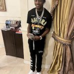 Lil Tjay Posed In An Amiri Black Cotton T-Shirt, Logo-Print Track Pants And Nike Air Force One Low Sneakers