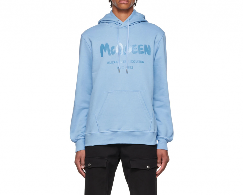 Mikey Williams Wears An Alexander McQueen Blue Graffiti Hoodie And